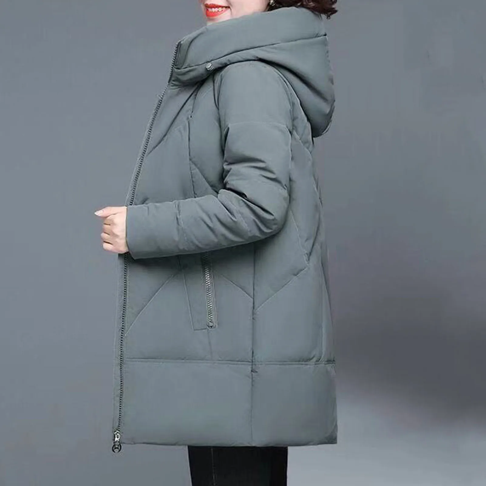 Middle-Aged Hood Winter Jacket Plus Size Solid Color Jacket with Pocket Suitable for Friends Gathering Wear