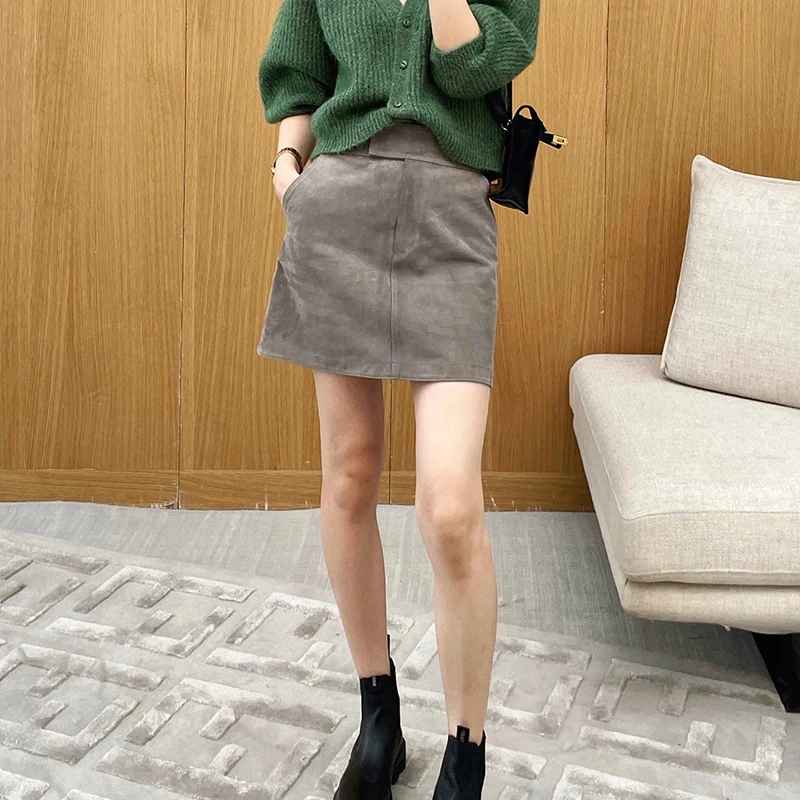 Genuine Leather Skirts Women Fashion Spring Autumn Simple High Waist Caramel/Gray/Purple Sheepskin Suede Wrap Hip Falda Short