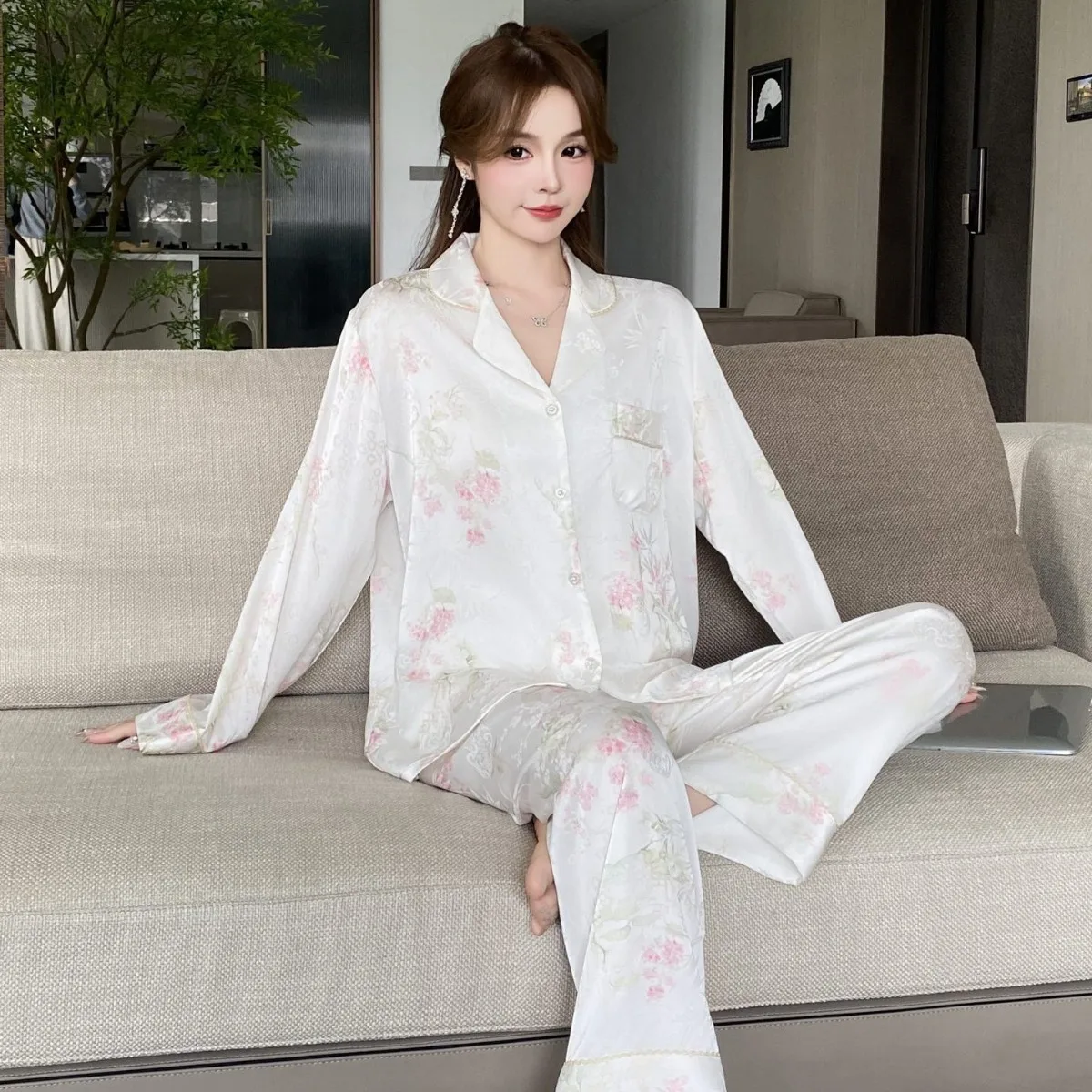 Satin Pajamas for Women Set Silk Pyjamas Loose Casual Sleepwear Long Sleeve Button Trousers 2 Piece Set Printing Homewear Outfit