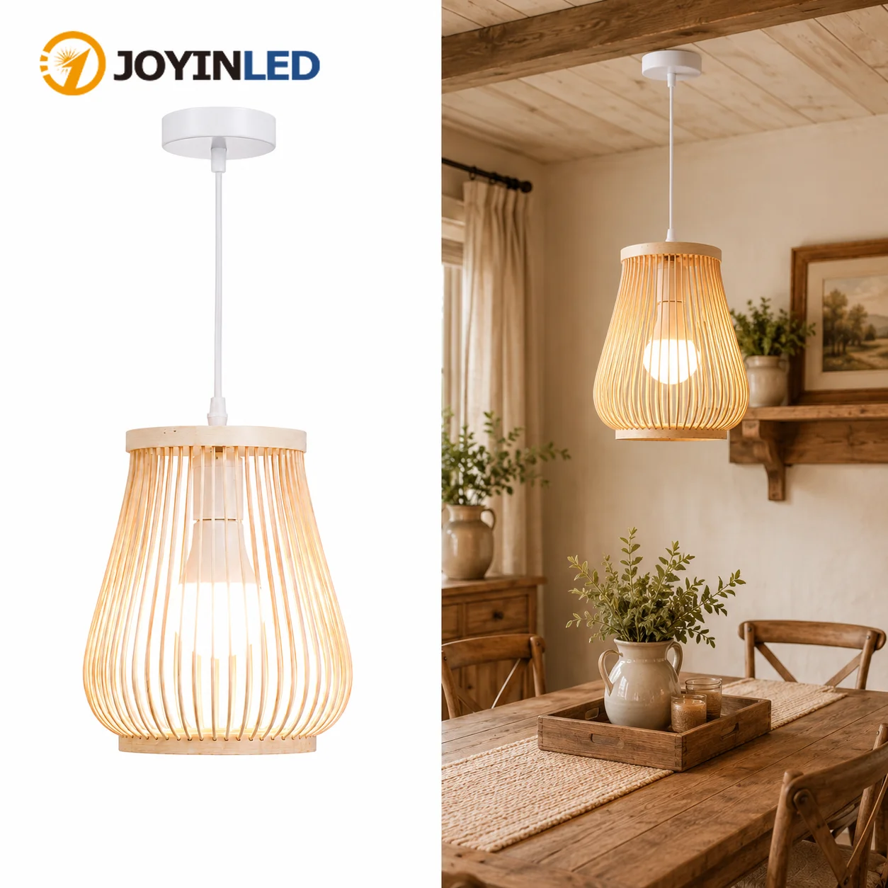 JOYINLED Chinese Style Bamboo Chandelier Handmade Rattan Wicker Pendant Light E27 Ceiling Lamp for Living Dining Room Bedroom