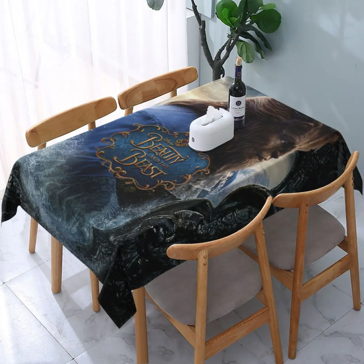 Disney Beauty And The Beast Tablecloth Rectangular Elastic Oilproof Fantasy Song And Dance Movies Table Cloth Cover for Banquet