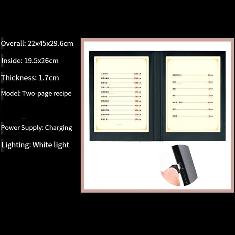 

Rechargeable LED Light Menu Book PU Leather Display Book Night Club Restaurants Beer Bar Shop Cafe Two Pagesab13