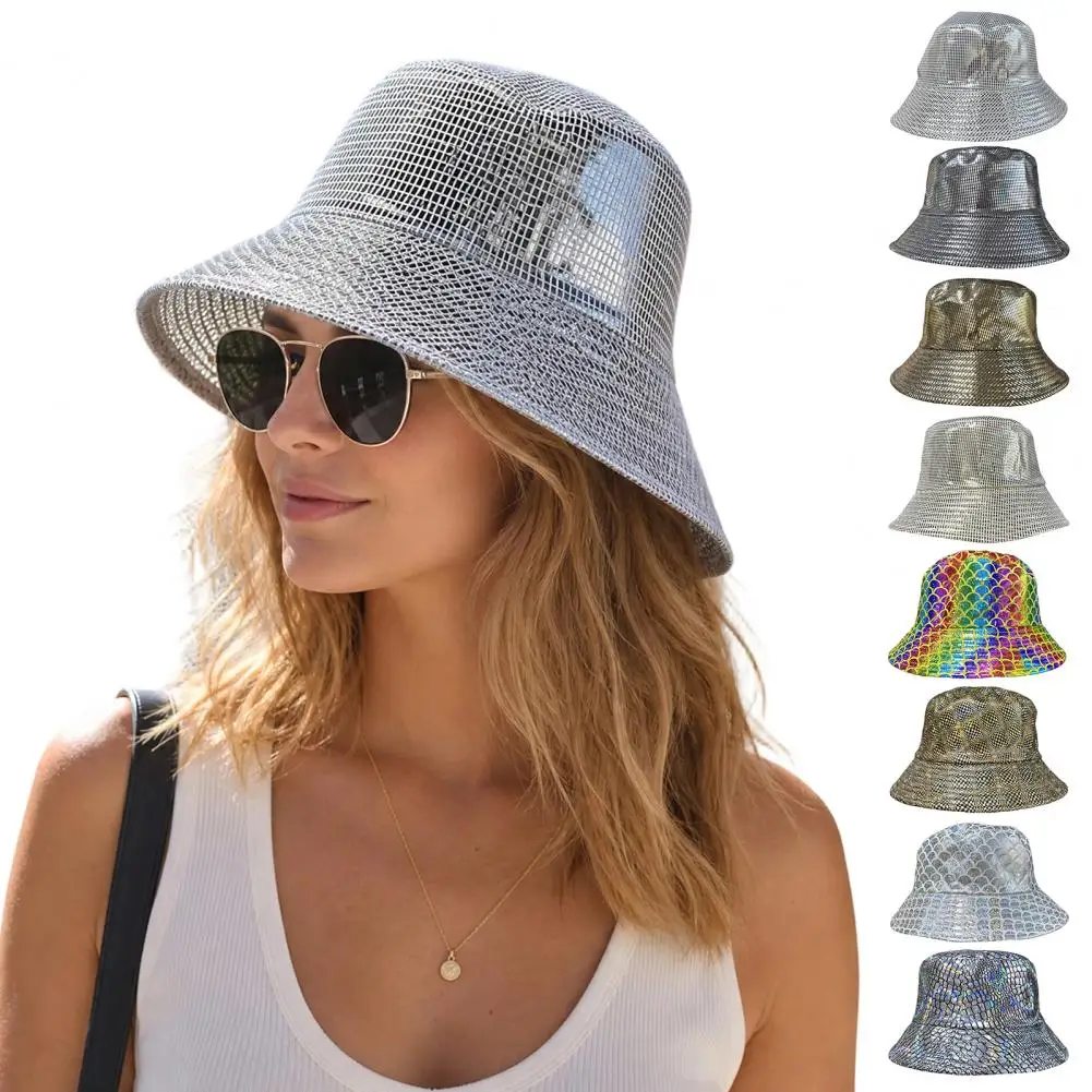Festivals Shiny Fabric Bucket Hat Rainproof Reflective Party Hat Colorful Fish Scale Pattern Hat Sun Protection Fisherman Cap