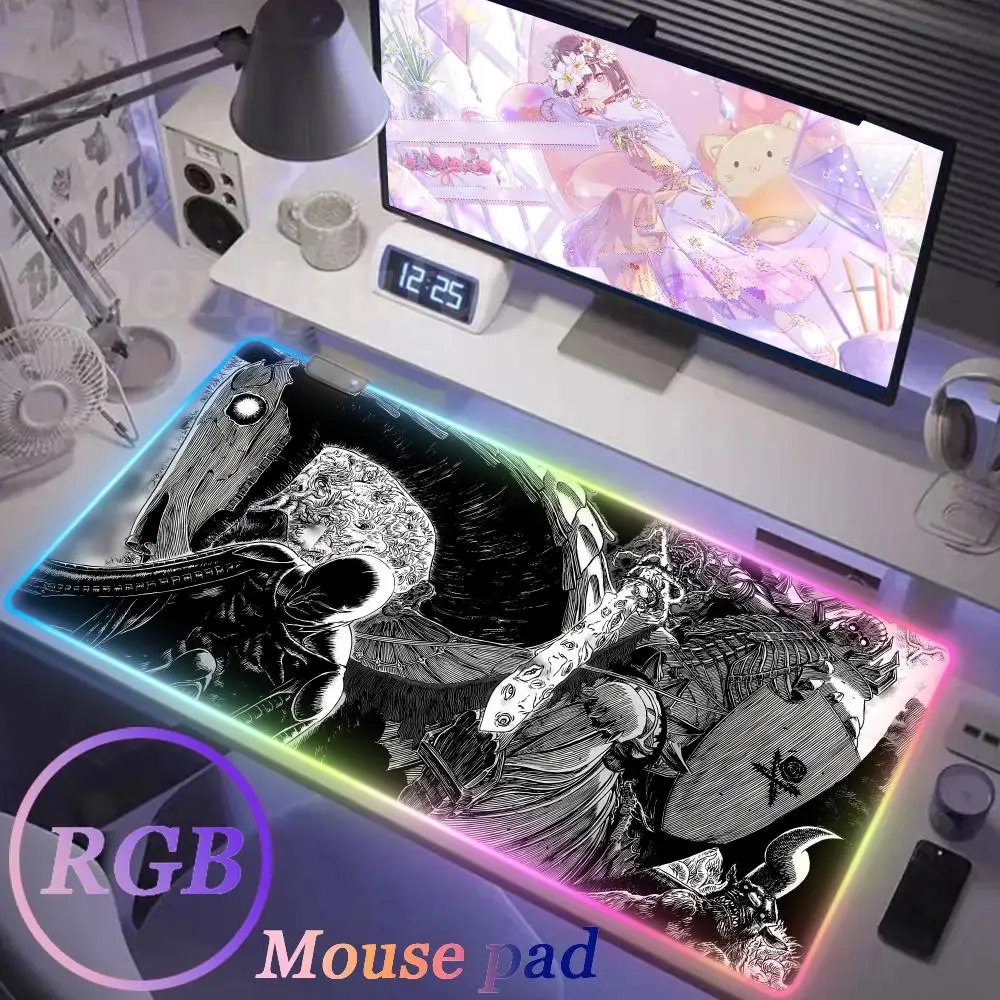 RGB Mouse Pad Anime Berserk Guts Gaming Accessories Computer Keyboard Backlit LED Deskmats Gabinete Gamer Carpet Tapis De Souris