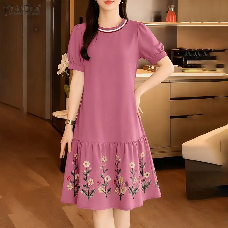 ZANZEA-vestido estampado Floral para mujer, vestido elegante de manga corta abombada, vestido veraniego con volantes para fiesta de vacaciones hasta la rodilla 2026