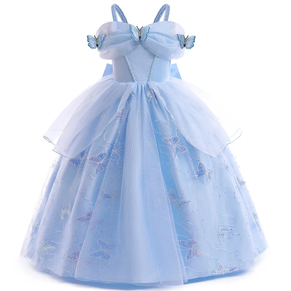 Cinderella Girls Blue Cosplay Costumes Sequin Butterfly Ball Gown Elegant Evening Dress Kids Girl Princess Dress Carnival Outfit