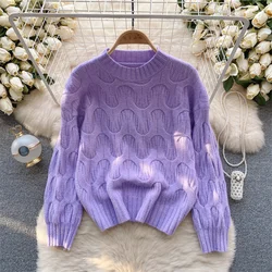 Autumn New Women Twist Knitted Sweater Short Pullover Tops Round Collar Long Sleeve Bottoming Knitwear Jumper Purple Green Blue