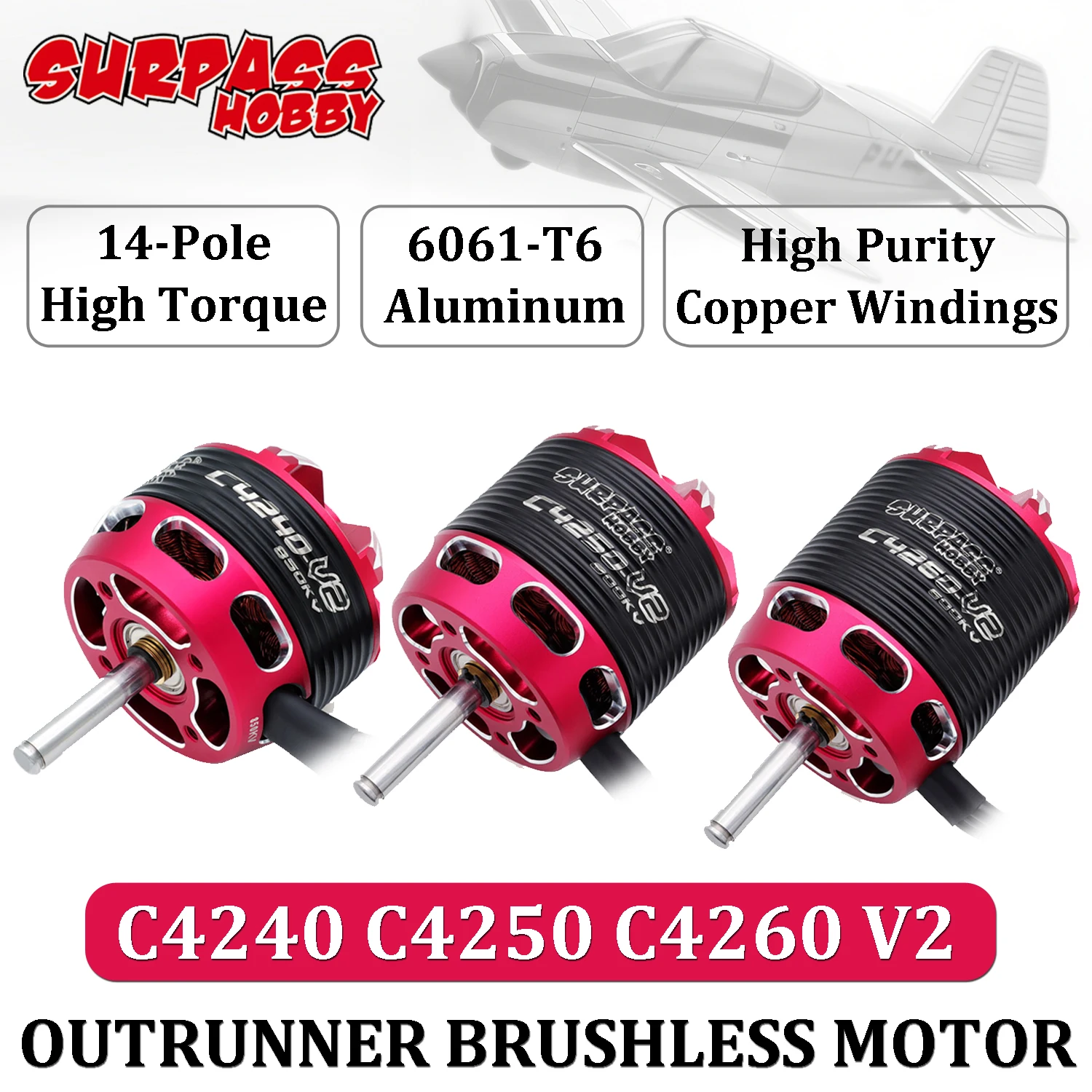 

Бесколлекторный мотор Surpass Hobby Outrunner C4240/C4250/C4260 V2, 14-полюсный, с высоким крутящим моментом, для радиоуправляемых моделей, FPV дронов, самолетов, фиксированных крыльев