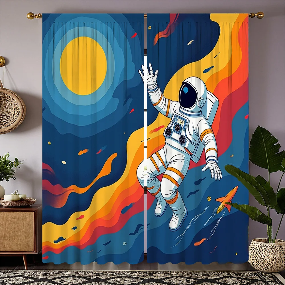2pcs HD Digital Curtain Print - Astronaut in Space with Flames, Sun & Rocket Atmosphere Holiday Decor Style for Living Room, Bed
