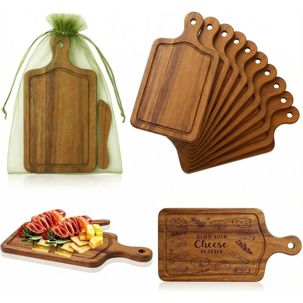 

Набор из 10 мини-деревянных разделочных досок с ручкой, маленькие деревянные доски для закусок, с лазерной гравировкой и ножами, в органзовых мешочках для свадьбы