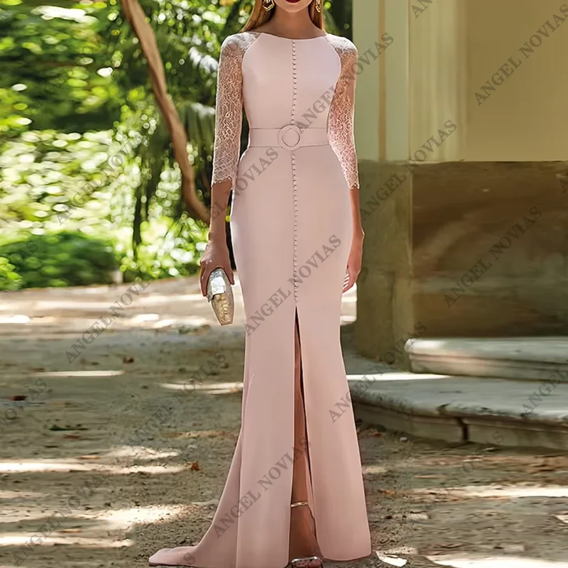 Customized Long Pink Mother of the Bride Dress Elegant Scoop wedding guest dresses with Lace Split Front evening Party 2024