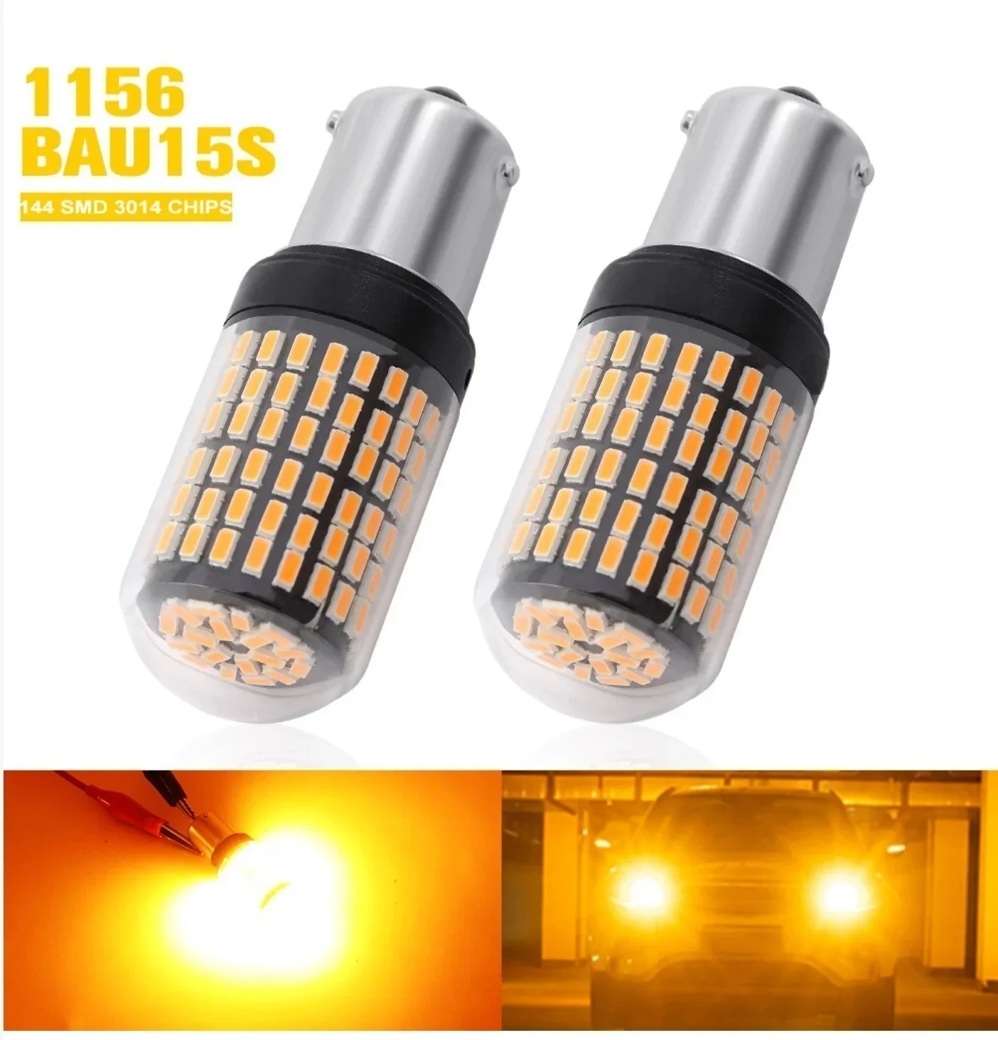 2025 update BAU15S 144SMD Amber LED Canbus Turn Signal Indicator Light Bulbs 12V