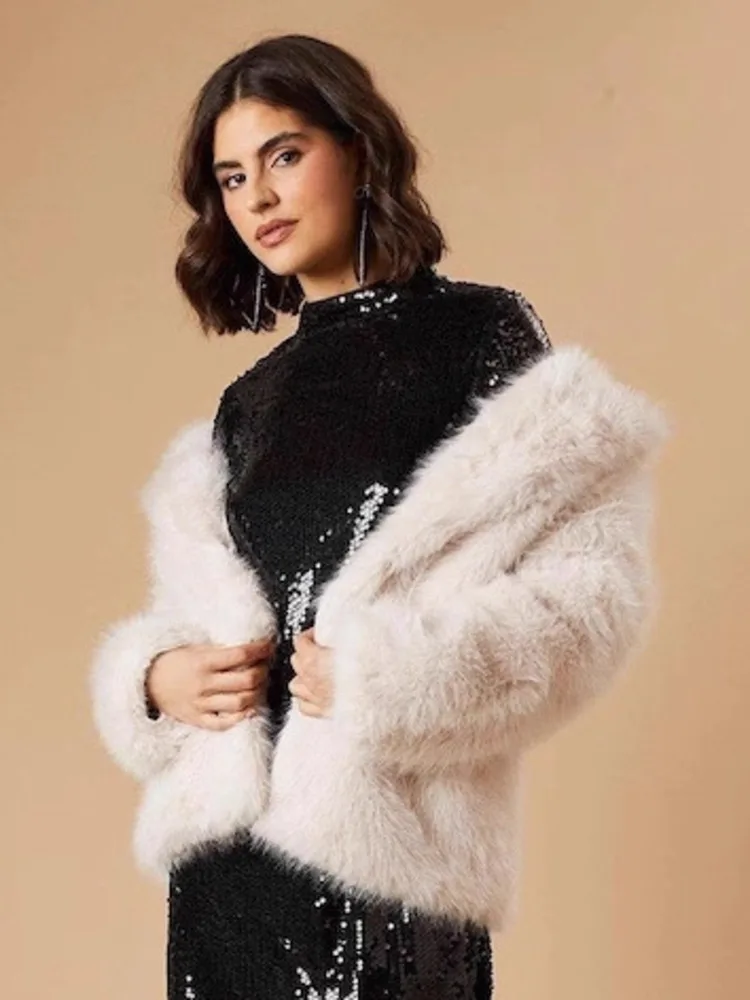 ZMEENNA Chaqueta corta de piel sintética para mujer, cuello de solapa, frente abierto, ropa de abrigo cálida de invierno, moda de felpa, blanco crema ZM4360