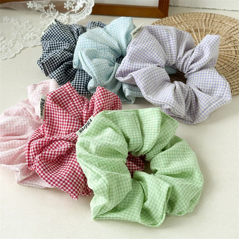 Women College Style Colorful Plaid Band Hair Accessories Fashion High Ponytail Hair Rope Fabric Large Intestine Headband Rubber