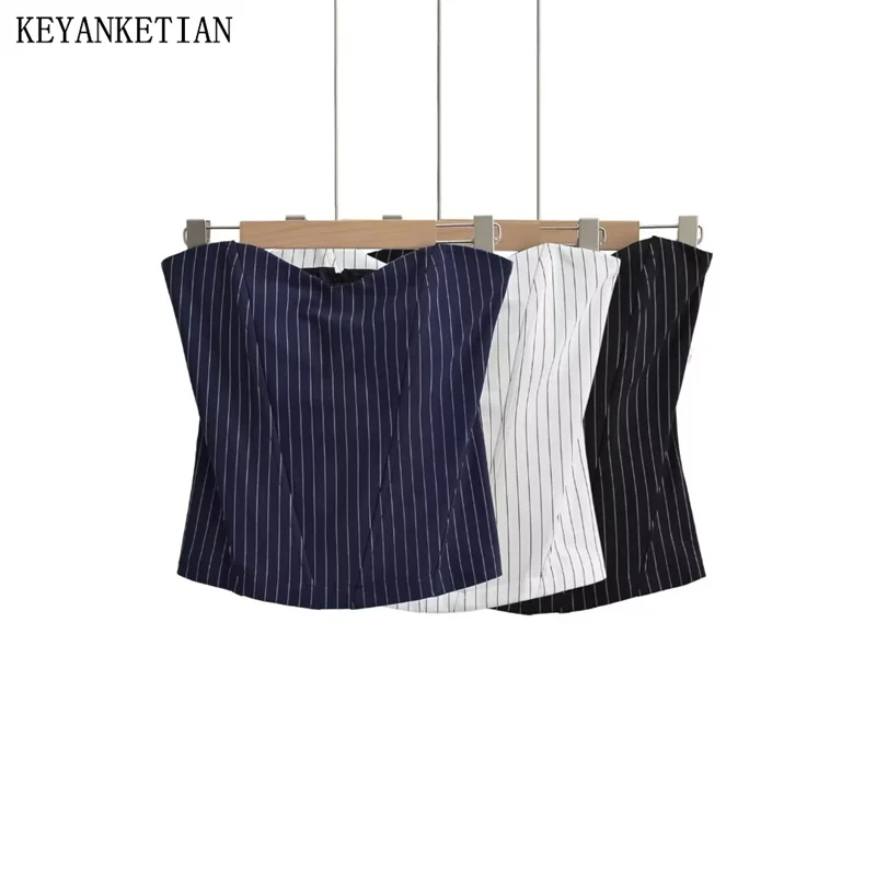 KEYANKETIAN 2024 New Launch Women\'s Zippered Striped Corset Fashion Sexy Slash neck Backless Slim Hot sweet Camisole Short Vest