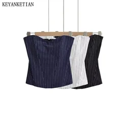 KEYANKETIAN 2024 New Launch Women's Zippered Striped Corset Fashion Sexy Slash neck Backless Slim Hot sweet Camisole Short Vest