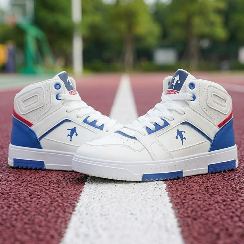 Men's White High-Top Color Block Sneakers, Lace-Up Casual Skate Shoes for Streetwear view 6