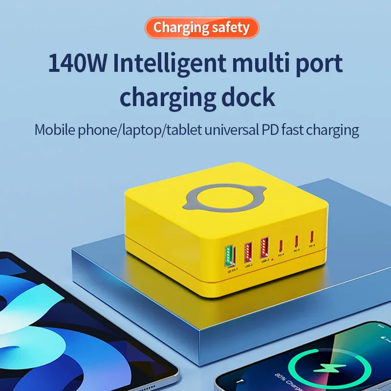 140W USB C GaN Charger Station QC3.0 100W PD3.0 PPS Wireless Charging USB Desktop Fast Charger For All Phone MacBook iPAD Tablet