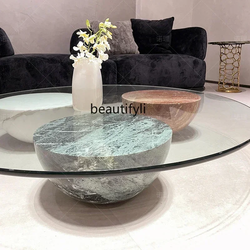 cqyNatural marble Nordic, personalized geometric designer glass round coffee table living room coffee table