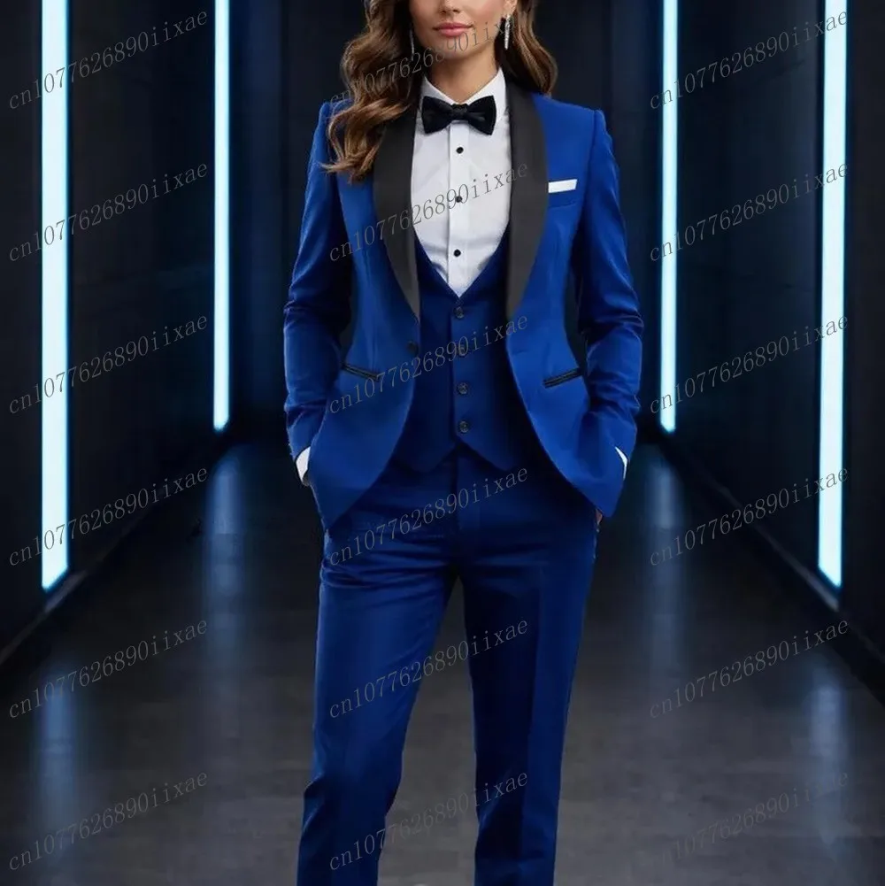 

Black Collar And Blue Women Suits Lady Business Office Tuxedos Mother Wedding Party Formal Ladies 3 Piece Set Jacket Vest Pants