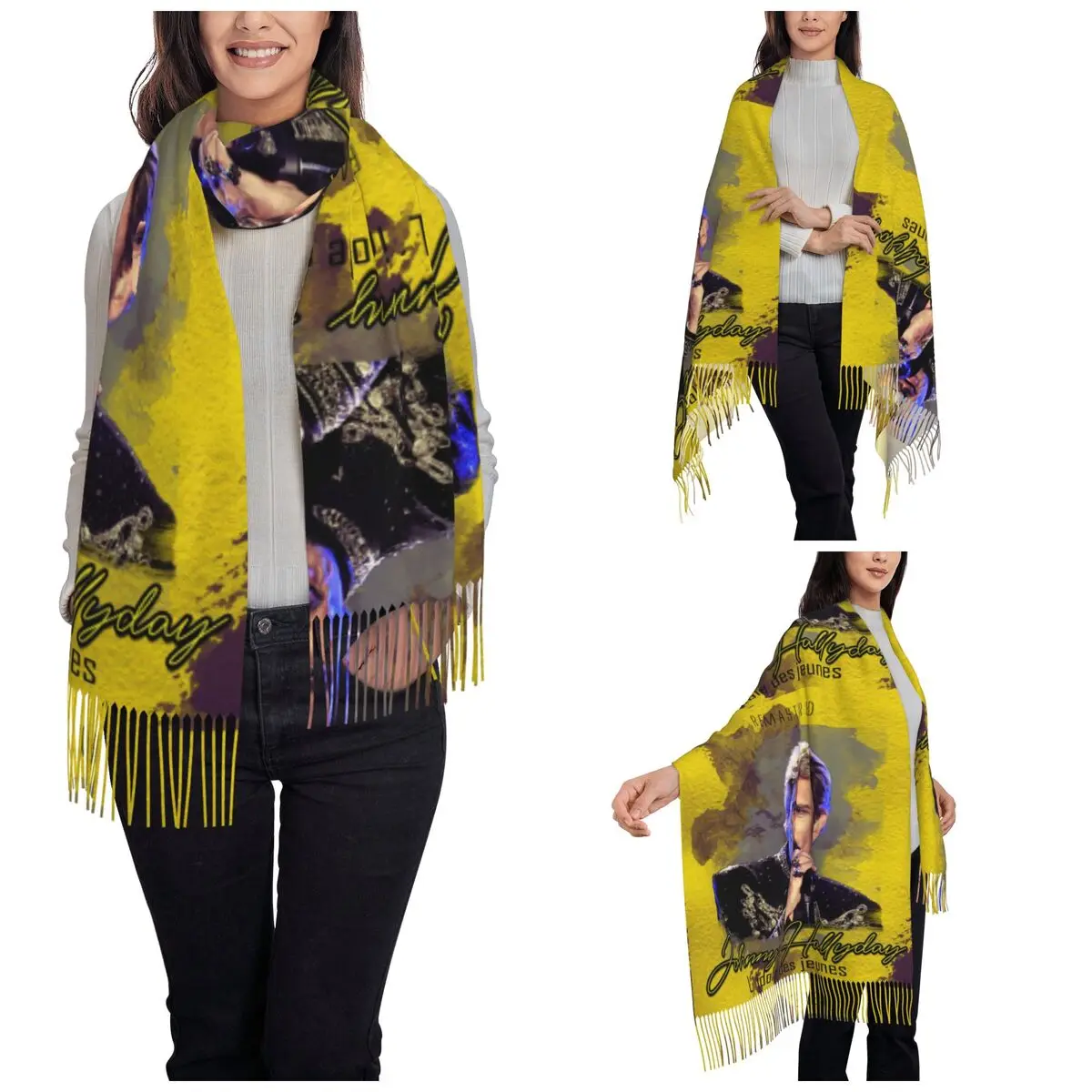 Womens Scarf with Tassel Johnny Hallyday Long Super Soft Shawl Wrap Singer Daily Wear Pashmina Scarves