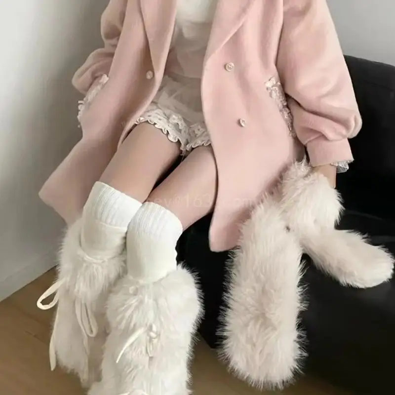 Women Winter Furry White Leg Warmers Stockings Harajuku Vintage Warm Leggings Boot Cuffs Sweet Ribbon Bowknot Fuzzy Sock