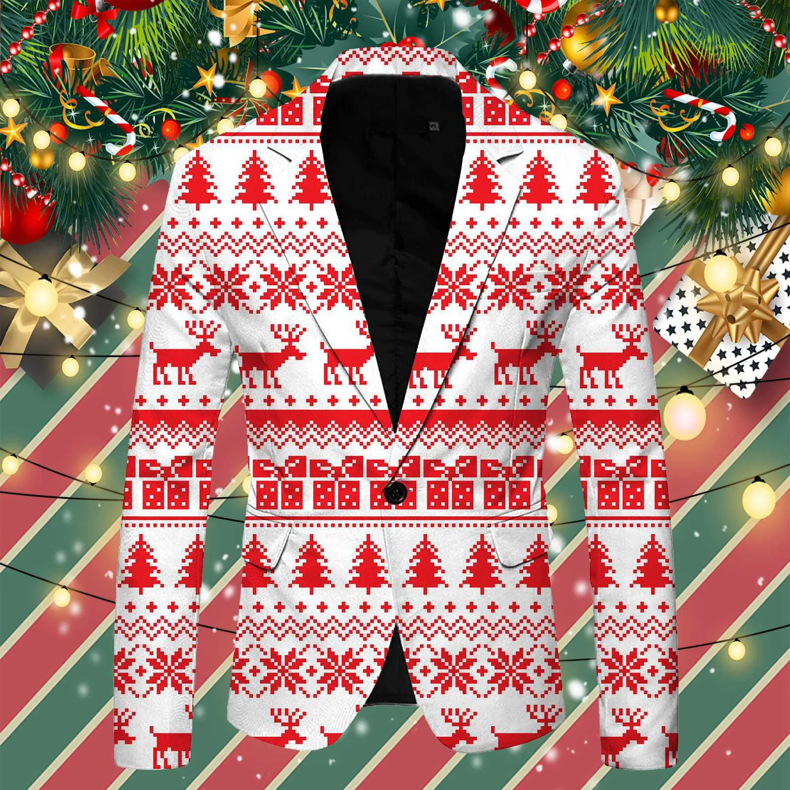 

Men's Christmas Suit Jackets Long Sleeved Lapel One Button Blazers Fashion Funny Christmas Deer Printing Male Blazers Coats