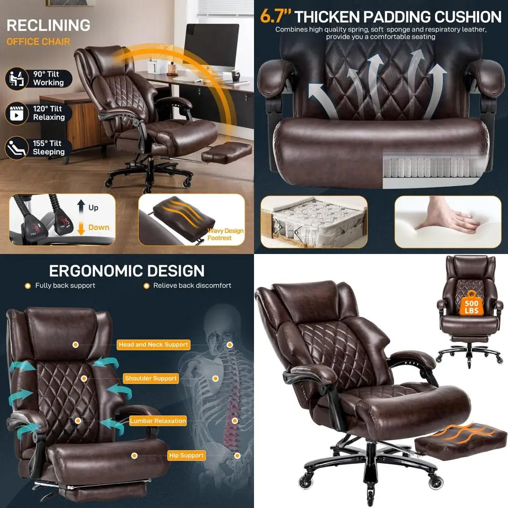 

500 lbs Capacity Large High-Back Reclining Ergonomic Office Chair with Footrest, Comfortable for Heavy People, Suitable for Home