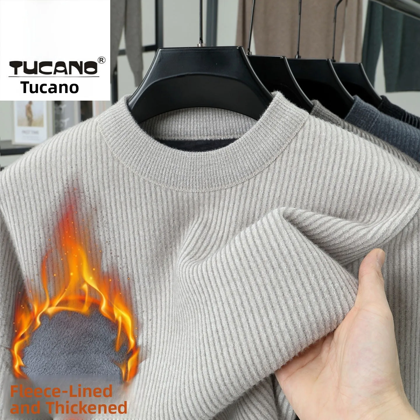 Thiened Woolen f-High Collar Sweater Men's Casual Warm Inner Wear Fce Lined Knitted Top Soft Blend Long Sve 3D Effect