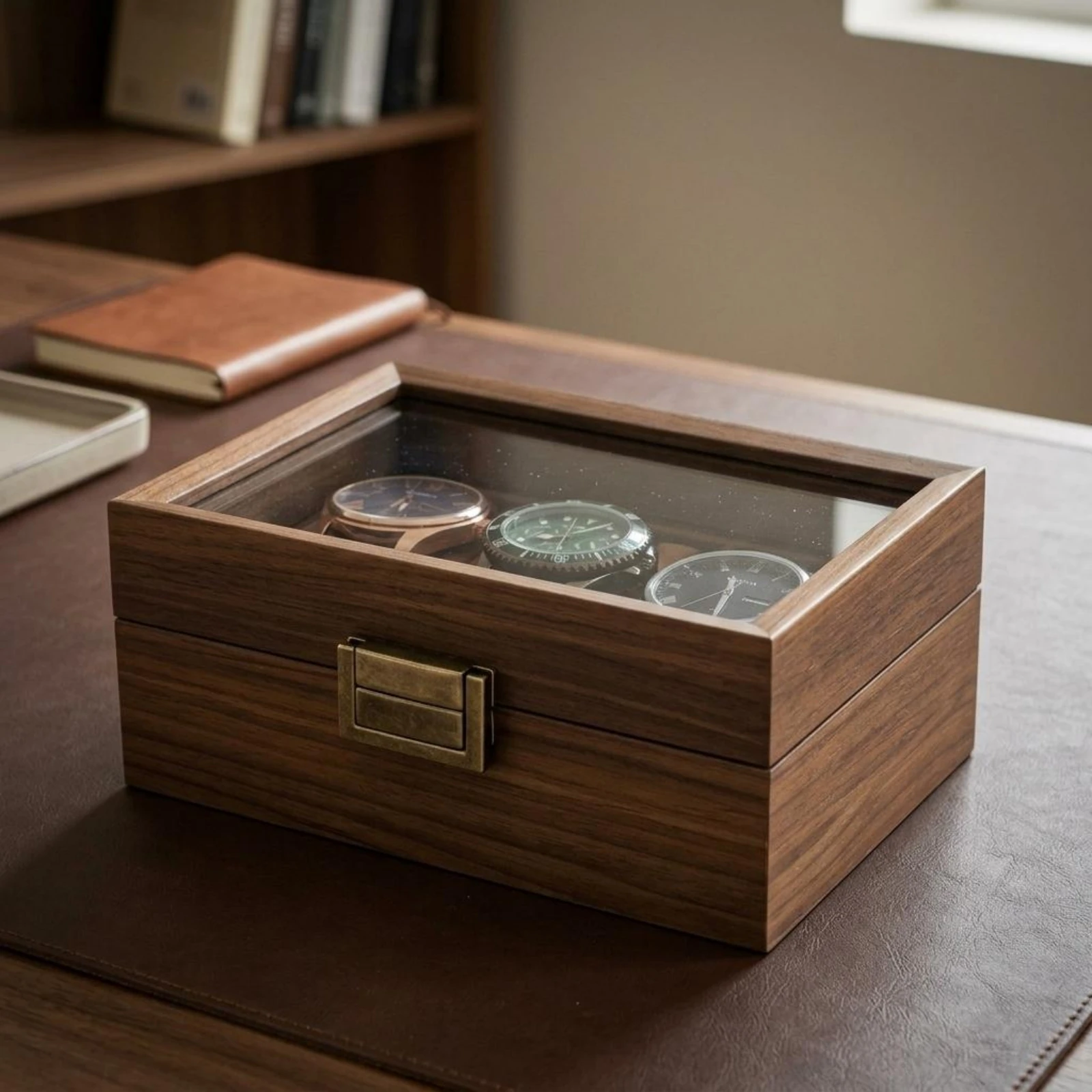 

3 Slot Watch Box Plush Lined Wooden Watch Box Brass-Tone Hardware Brown Finish