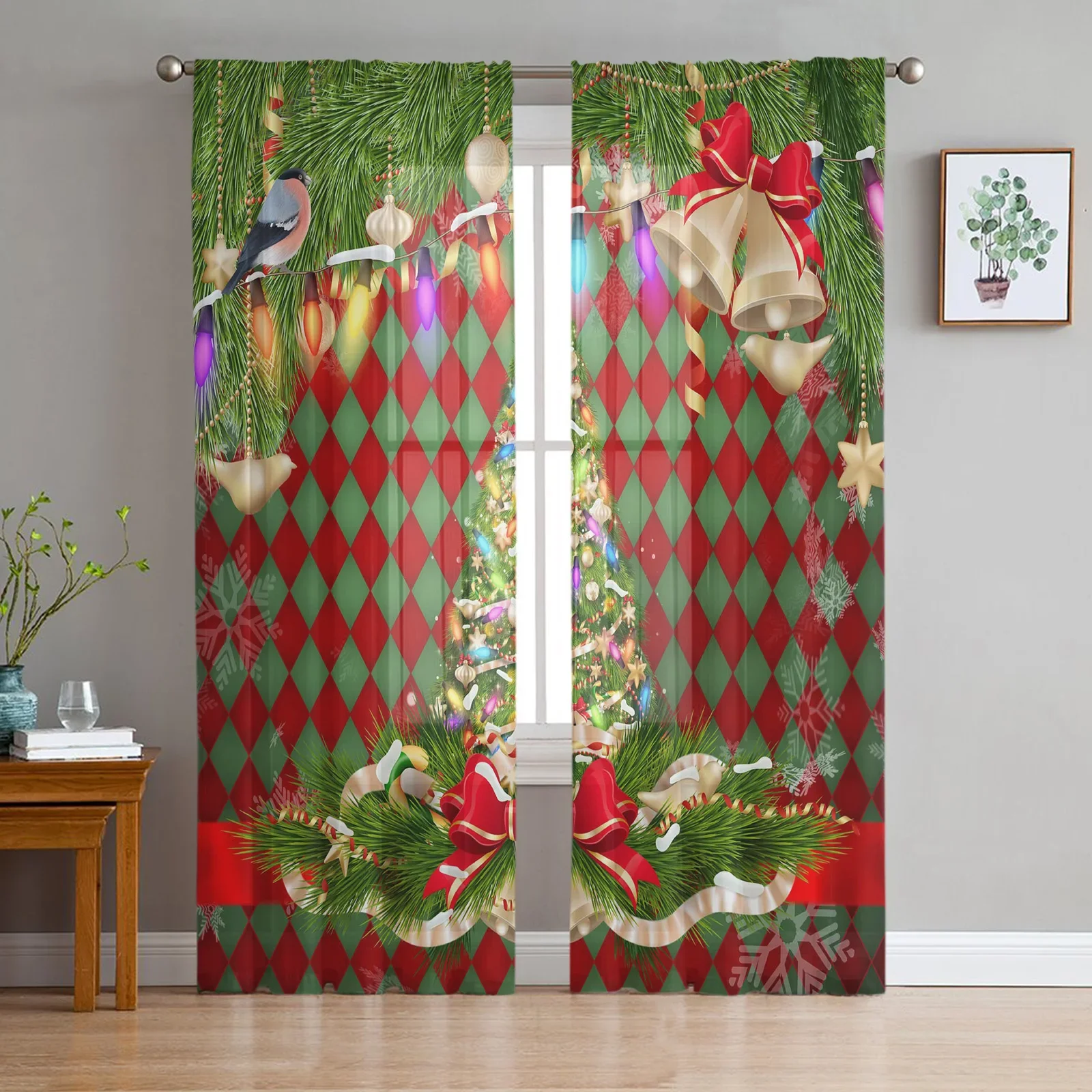 Christmas Lattice Christmas Tree Bell Sheer Curtains Bedroom Living Room Decoration Window Curtain Kitchen Tulle Voile Drapes