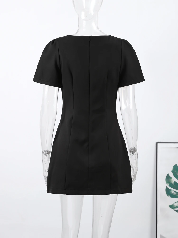 Robe courte élégante à manches bouffantes pour femmes, col rond, poches, Slim, noire, mode dame, robes de soirée, 2025