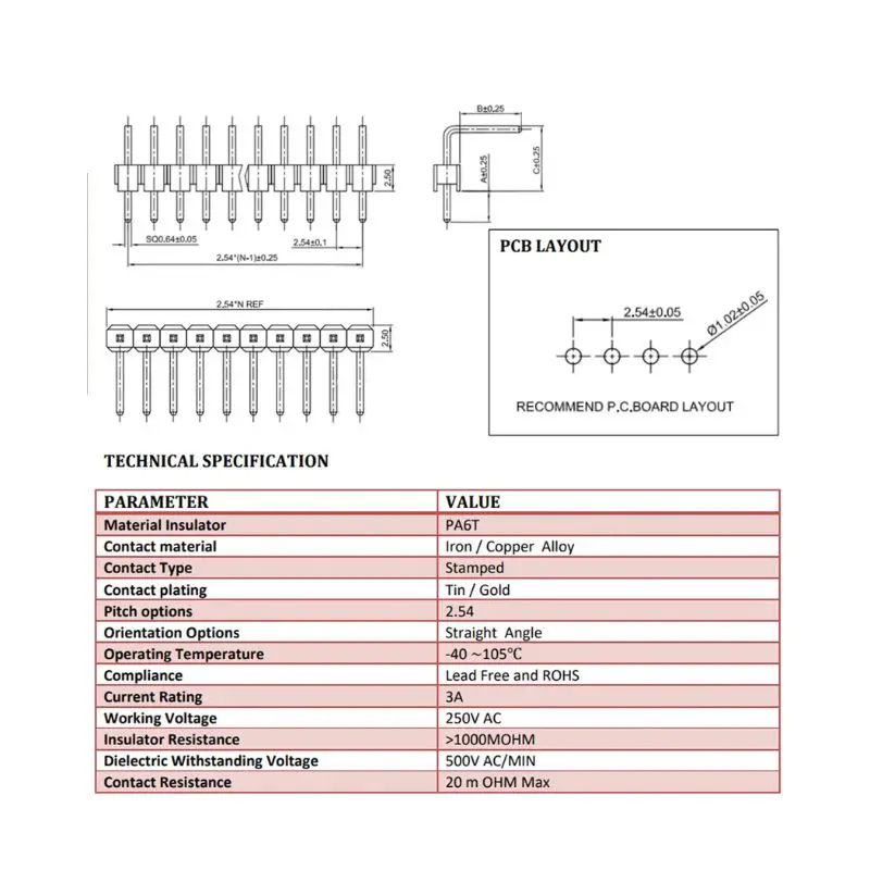 100PCS 2.54MM Pin Header Right Angle (90°)  2P 3P 4P 5P