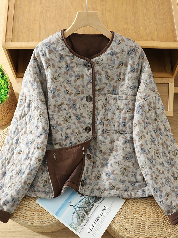 

Retro Floral Print round Ne Cotton Jaet ort Outerwear Women's Autumn Winter New Sle Faionable Loose Thiened Cotto...