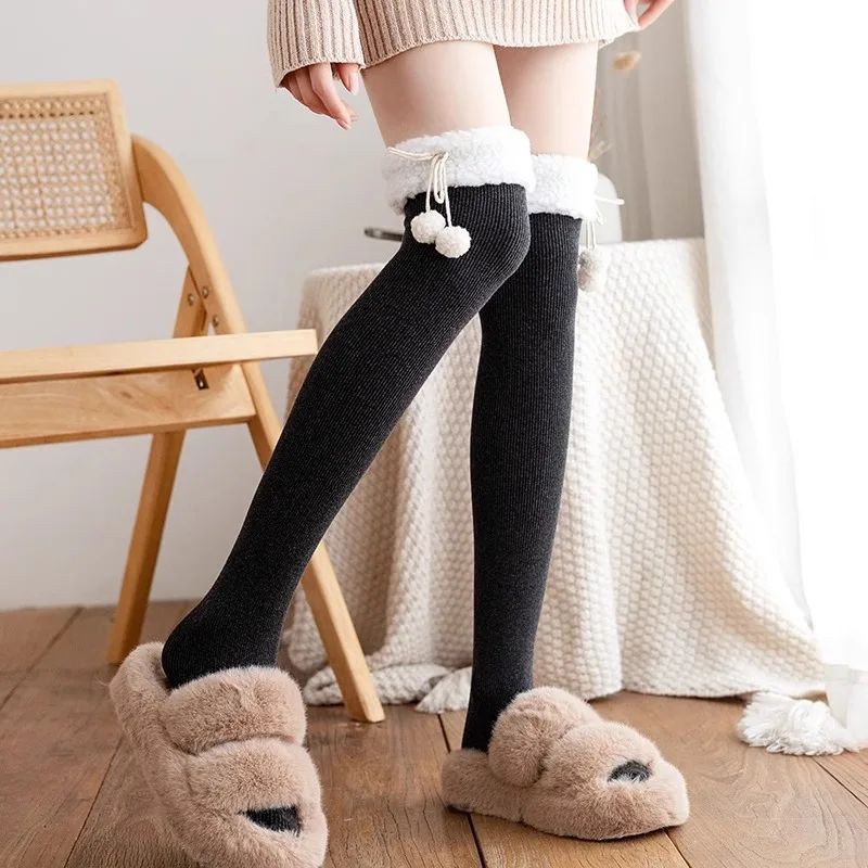 Winter Women Stockings Warm Wool Cashmere Thigh High Sock Korean Lolita Sweet Girl Cute Pompom Over Knee Long Socks