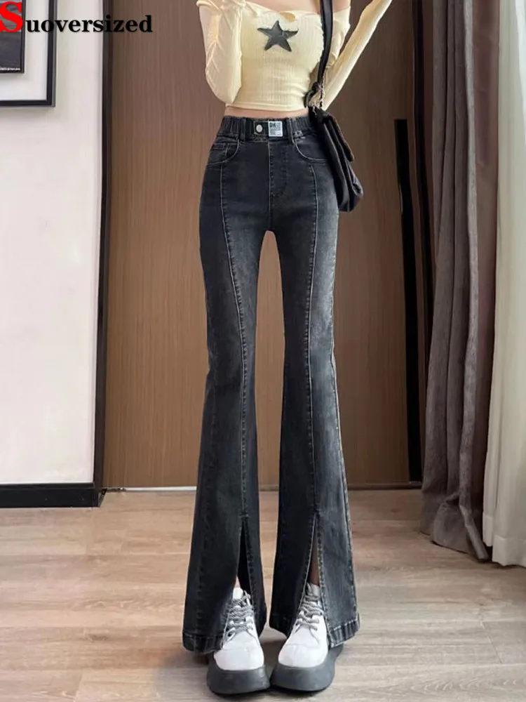 

High Waist Split Skinny Flare Vaqueros Strecth Big Size 28-34 Casual Boot Cut Jeans Korea Women Vintage Streetwear Denim Pants