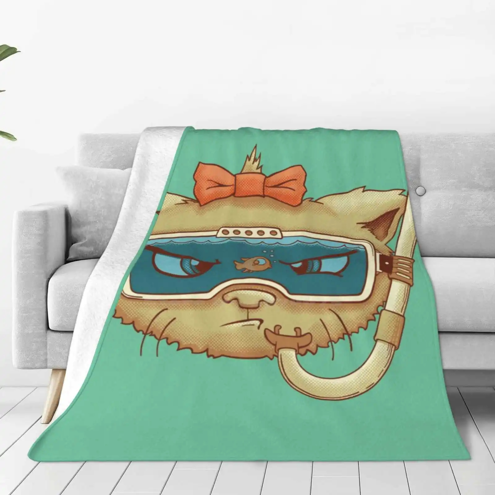 So Near But Yet So Far Creative Design Comfortable Warm Flannel Blanket Cat Fish Humor Scuba Snorkel Vector Grumpy Cute Cartoon