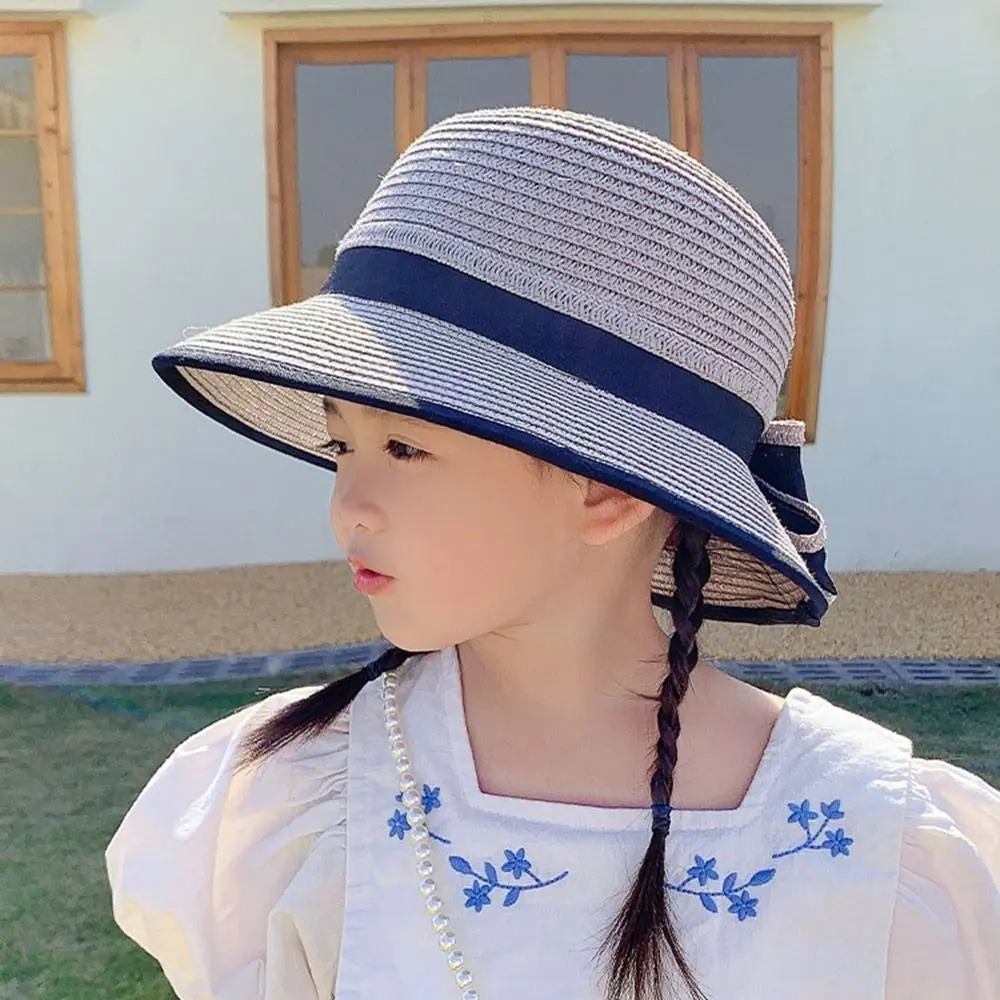 Spring Summer Children Baby Girl Straw Plaited Bucket Hat Beach Holiday Round Top Outdoor Bow Sun Block Hat Cap for Kids Girls