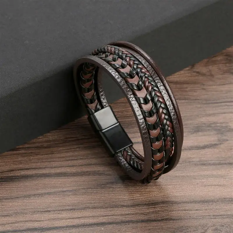 Jiayiqi Fashion Braided Rope Woven Multilayer Leather Men Bracelets Punk Stainless Steel Bangle for Friend Charm Jewelry Gifts