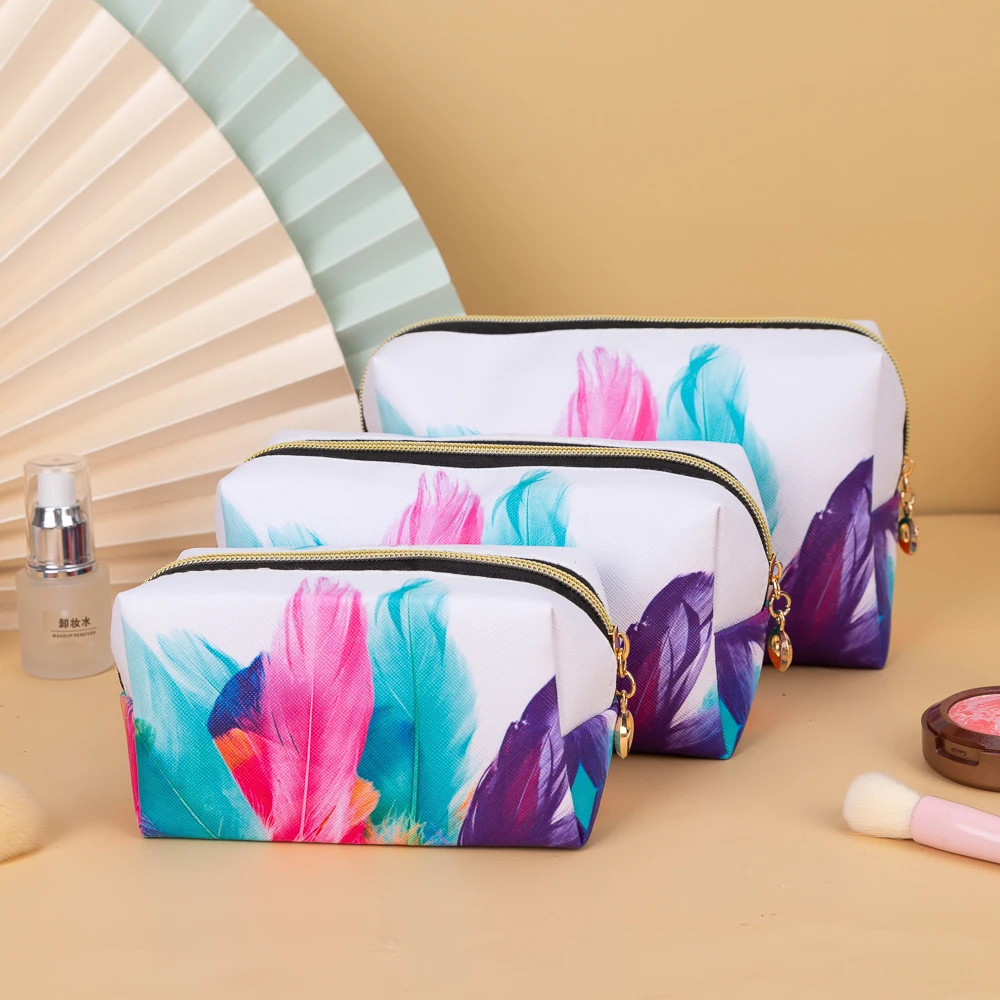 Color feather graffiti printing waterproof cosmetic bag cute cartoon beauty tool storage bag travel large-capacity coin purse