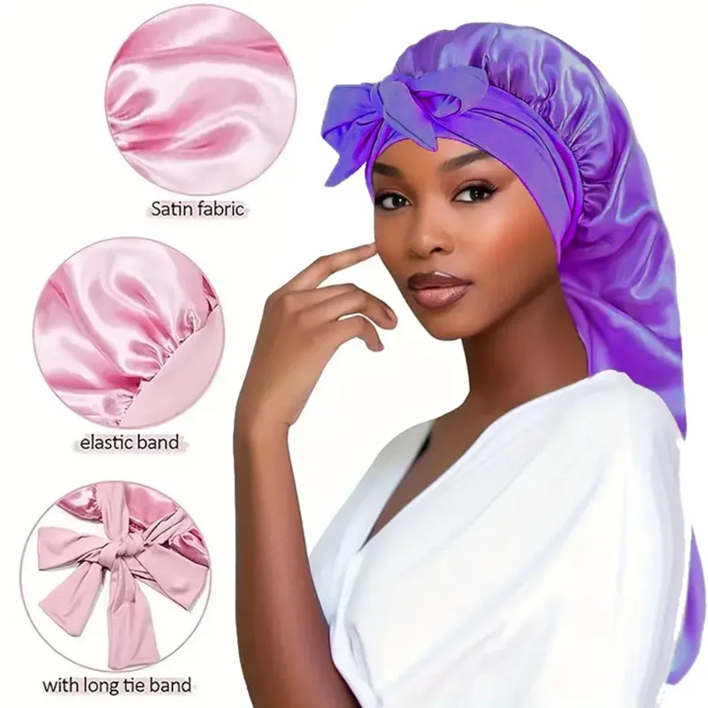 Bowknot Braid Bonnet, Unscented Satin Sleep Cap with Elastic Band and Long Tie for Women - Breathable Night Hair Bonnet