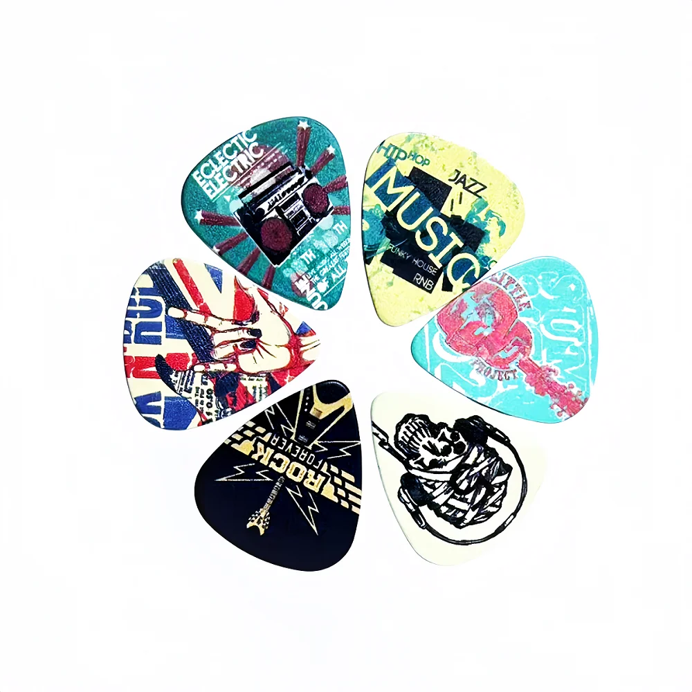 6 pcs PVC Guitar Picks With Pu Carrying Pouch set ,  Double-sided printing ，For ukulele，Electric ，Acoustic Guitars, Ideal Gift