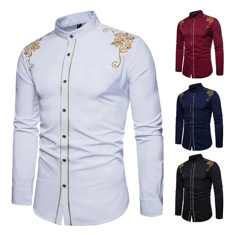 

2023 New Youth Men's Fashion European and American Palace Embroidered Long Sleeved Slim Fit Shirt