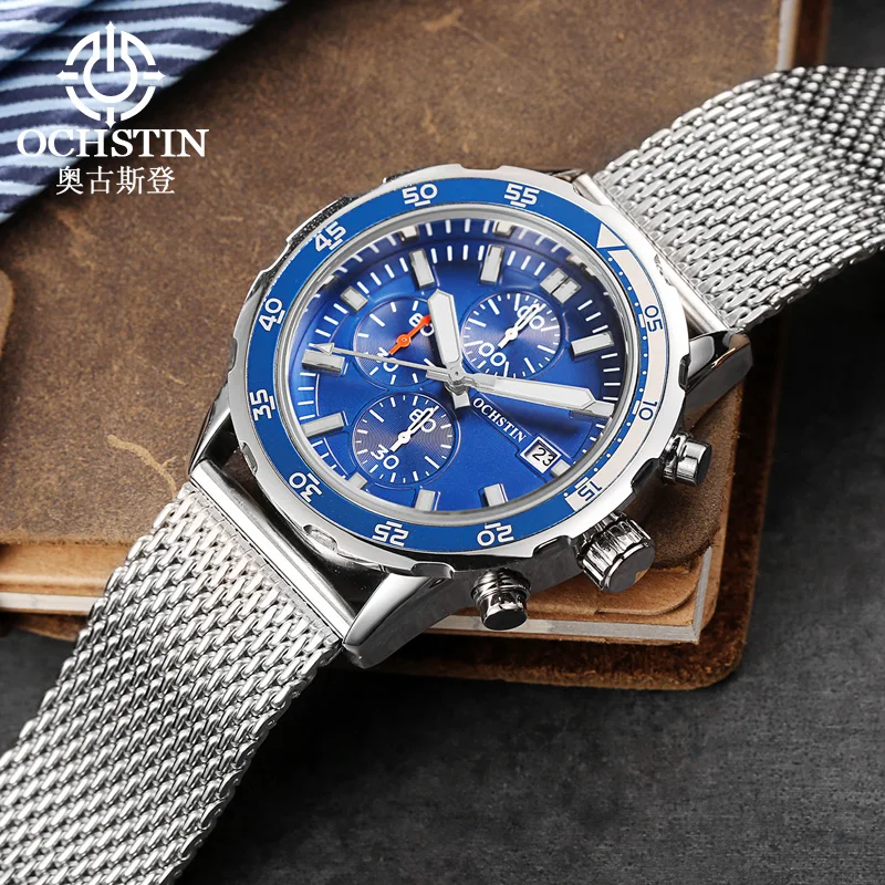 OCHSTIN Men's Stainless Steel Band Waterproof Watch Multifunction Quartz Movement Business Luxury Pilot Series Men's Clock Man