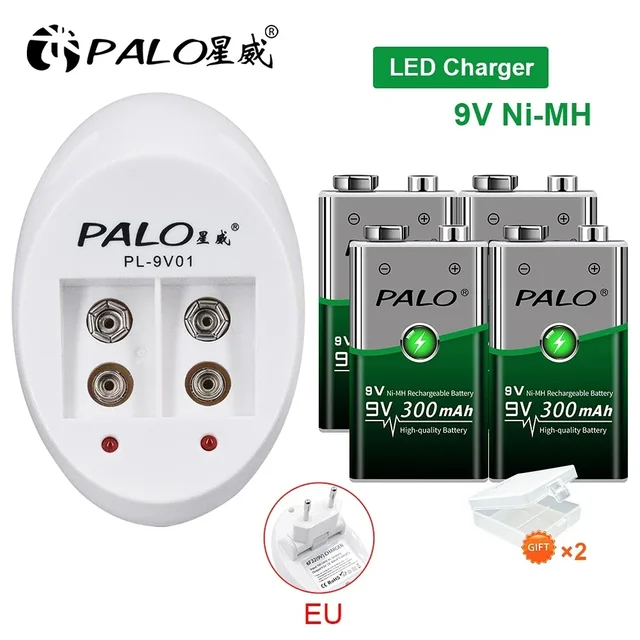 PALO 300mAh 9V NIMH Akumulator 6F22 9V Akumulator koronowy + Ładowarka 9V do akumulatorów litowo-jonowych 9V NI-MH
