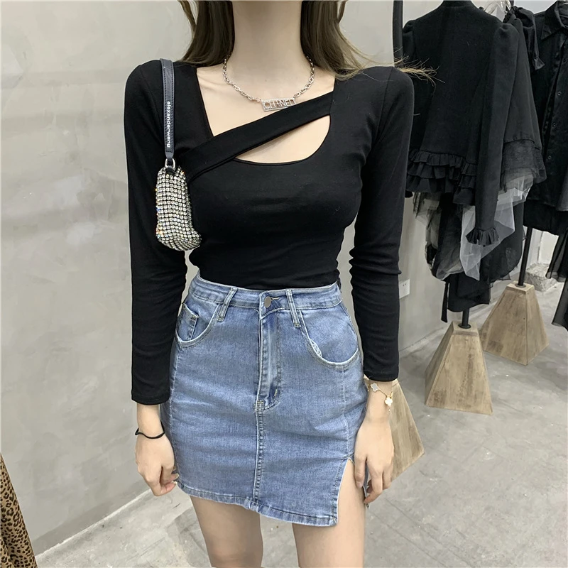 Sexy Y2K T-shirt Woman Auutmn V-neck Long Sleeve Tee Shirt Femme Hollow Out Skinny Basic Clothes Women Tops