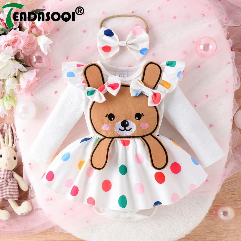 0-18M Bodysuit Dress For Baby Girls Clothes Outfit Cartoon Bear Wave Point Print Long-sleeved Dresses+Bowknot Headband 2Pcs Set