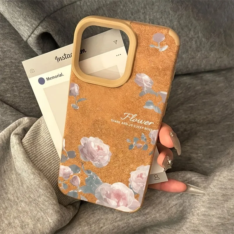 Retro Purple Tulip Flower Bonded Leather Phone Case For iPhone 11 12 13 Pro Max 14 15 16 Plus XS X XR 16 Shockproof Bumper Cover