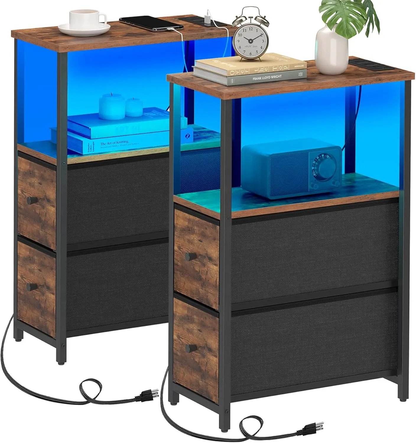 Small Narrow LED End Table with Charging Station, 2 Drawers, Set of 2, Brown
