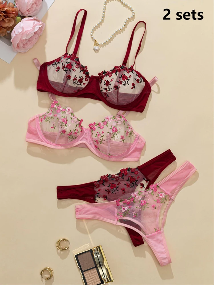 2 Sets Romantic Lingerie Floral Embroidery Women Underwear Transparent Bra Sets Ensemble Sexy Outfit Fantasty Underwear Intimate